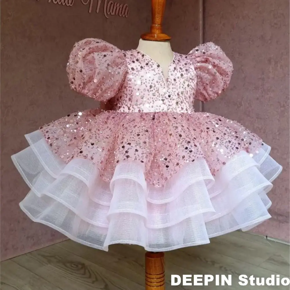 

Luxurious Pearl Flower Girl Dress 2024 NEW Long Train Ball Gown Birthday Party Dress for Girls Layers Glitter Kids Pageant Gown