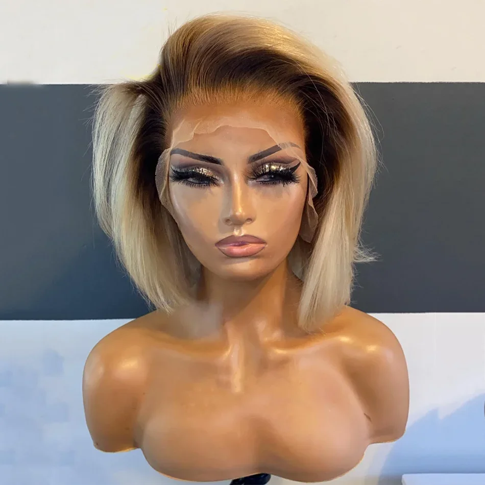 

Мягкая средняя часть 14-дюймовый длинный Ombre светлый прямые волосы парик фронта шнурка для женщин синтетический предварительно сорванный бесклеевой парик для повседневного ношения