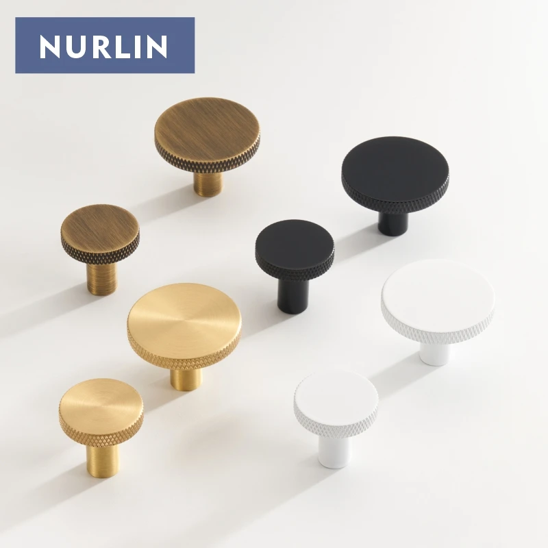 Nurlin Solid Brass Knurling Patterned Cabinet Knobs Matte Antique Brass Black White Gold Cabinet Handles Wall Bathroom Hooks