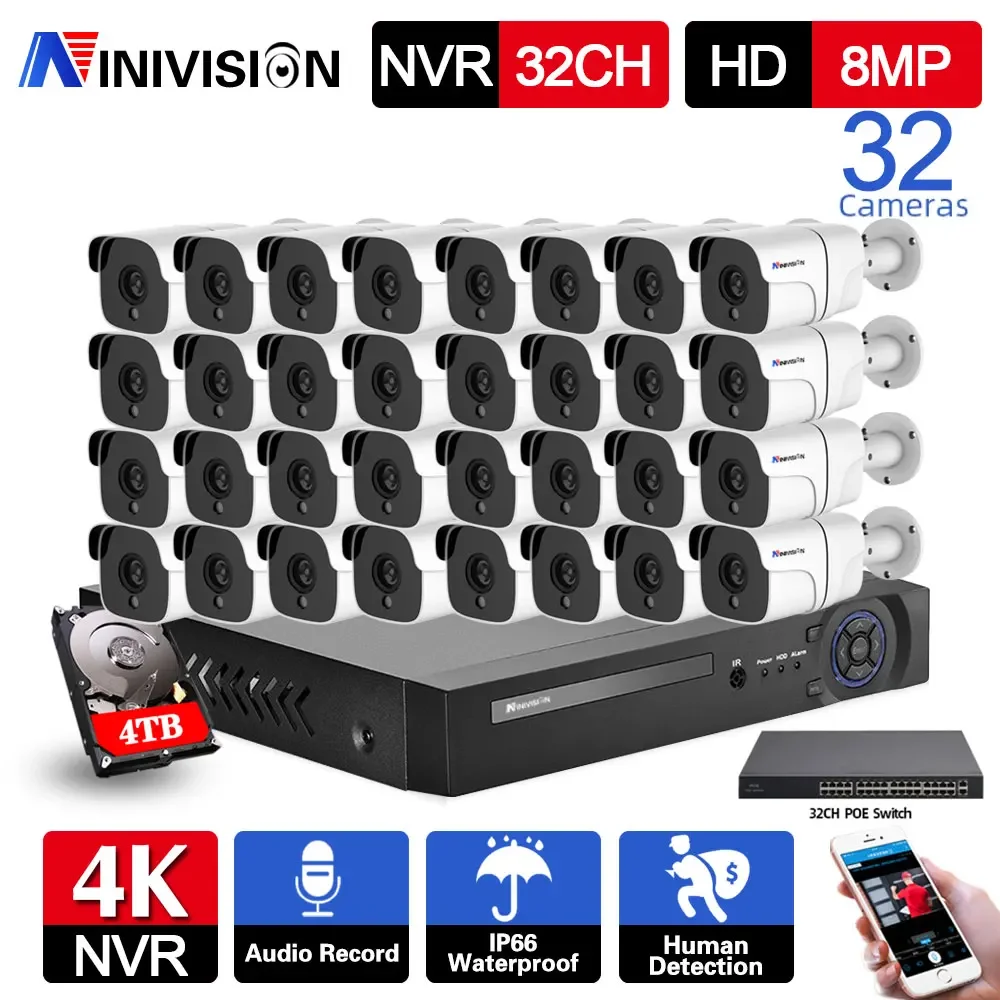 

32CH 4K NVR Security System Outdoor Waterproof 8MP CCTV Camera System POE Audio IP Bullet Surveillance Camera System Kit XMEYE
