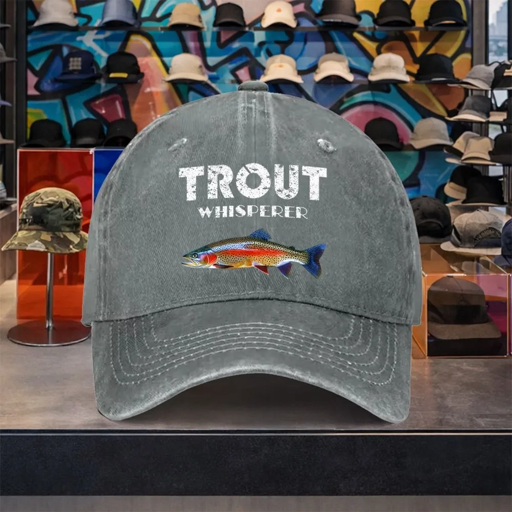 Trout Whisperer Graphic Baseball Cap Unisex Vintage Washed Cotton Hat for Fishing Outdoor Travel