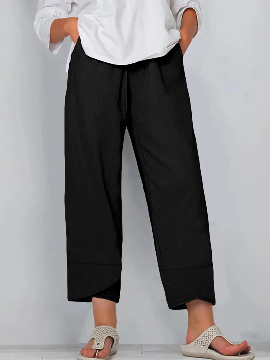 Women Autumn Casual Wide Leg Pants Elastic Waist Loose Vintage Trousers Irregular Hem Solid Color Classic Streetwear Ladies