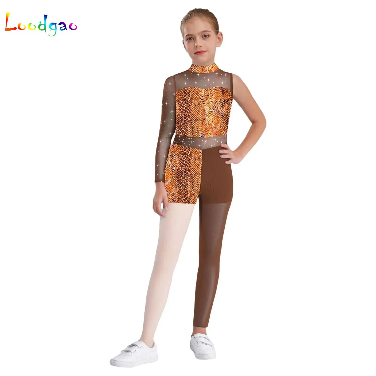 

Kids Girls Printed Gymnastics Dance Bodysuit Artistic Figure Skating Jumpsuit Ballet Dance Unitard Asymmetrical Yoga Sportswear