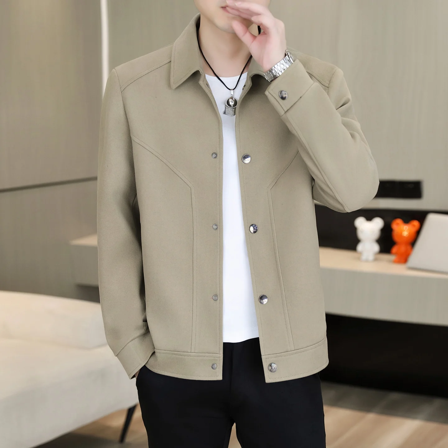 Sli Korean Version Men's Jaet Trendy Autumn Winter Outerwear Haome Youth Faionable Button up High Collar Polyester...