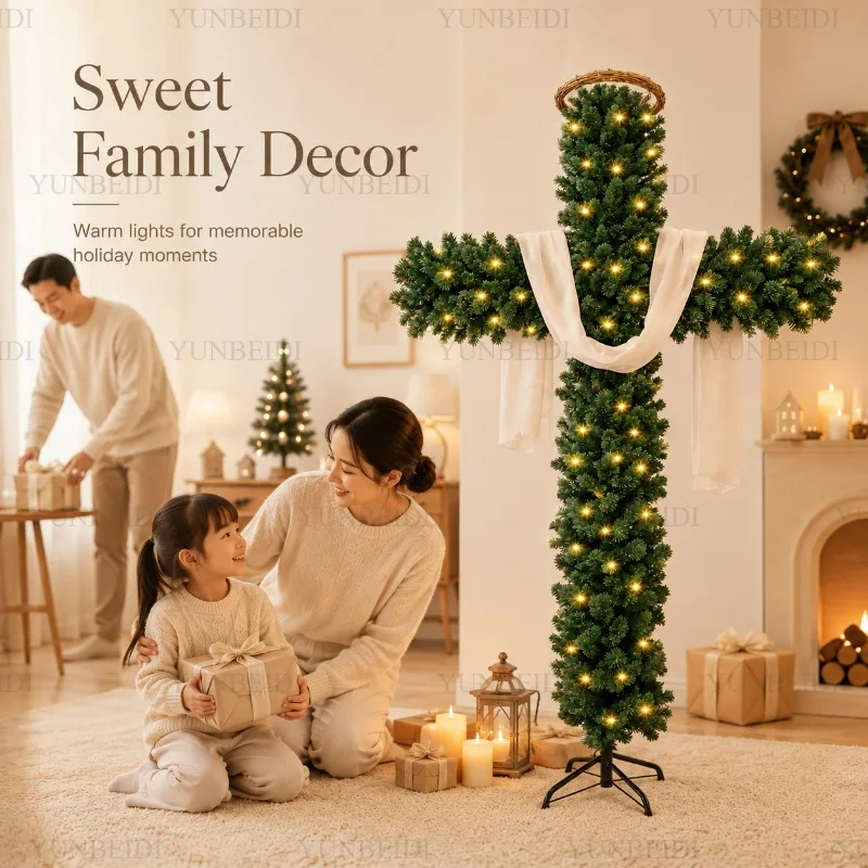 150/180cm Cross Shaped Christmas Tree Pre Lit Warm LED Lights Artificial PVC Xmas Tree Religious Holiday Home Outdoor Decoration