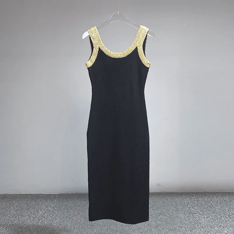 New Black Slim Fit Waistband Knitted Midi Dress Lady Sleeveless Suspended Dresses