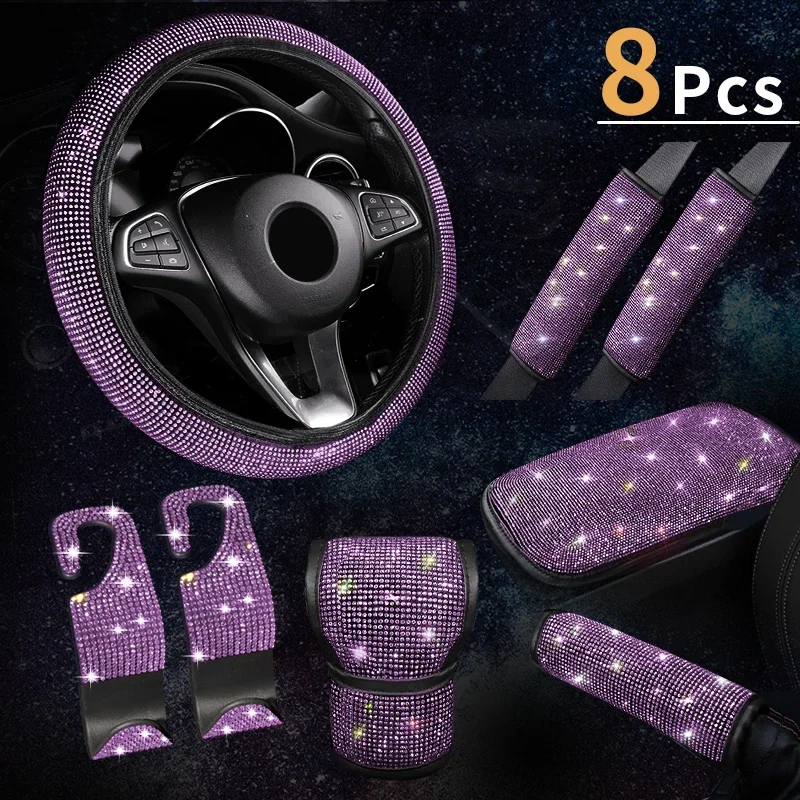 8Pcs Bling Car Steering Wheel Cover Auto Shift Handbrake Cover Seat Belt Armrest Shoulder Pad Hook Decor Car Accessories Set