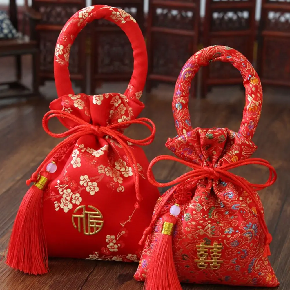 Red Chinese Style Brocade Bride and Groom Wedding With Tassels Handle Bag Package Bag Candy Bag Wedding-favor Gift