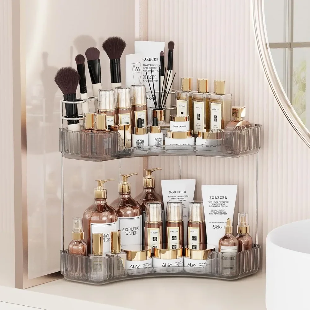 

2-Tier Corner Bathroom Counter Organizer with Top Toothbrush Holders,Large Makeup Organizer Countertop with Brush