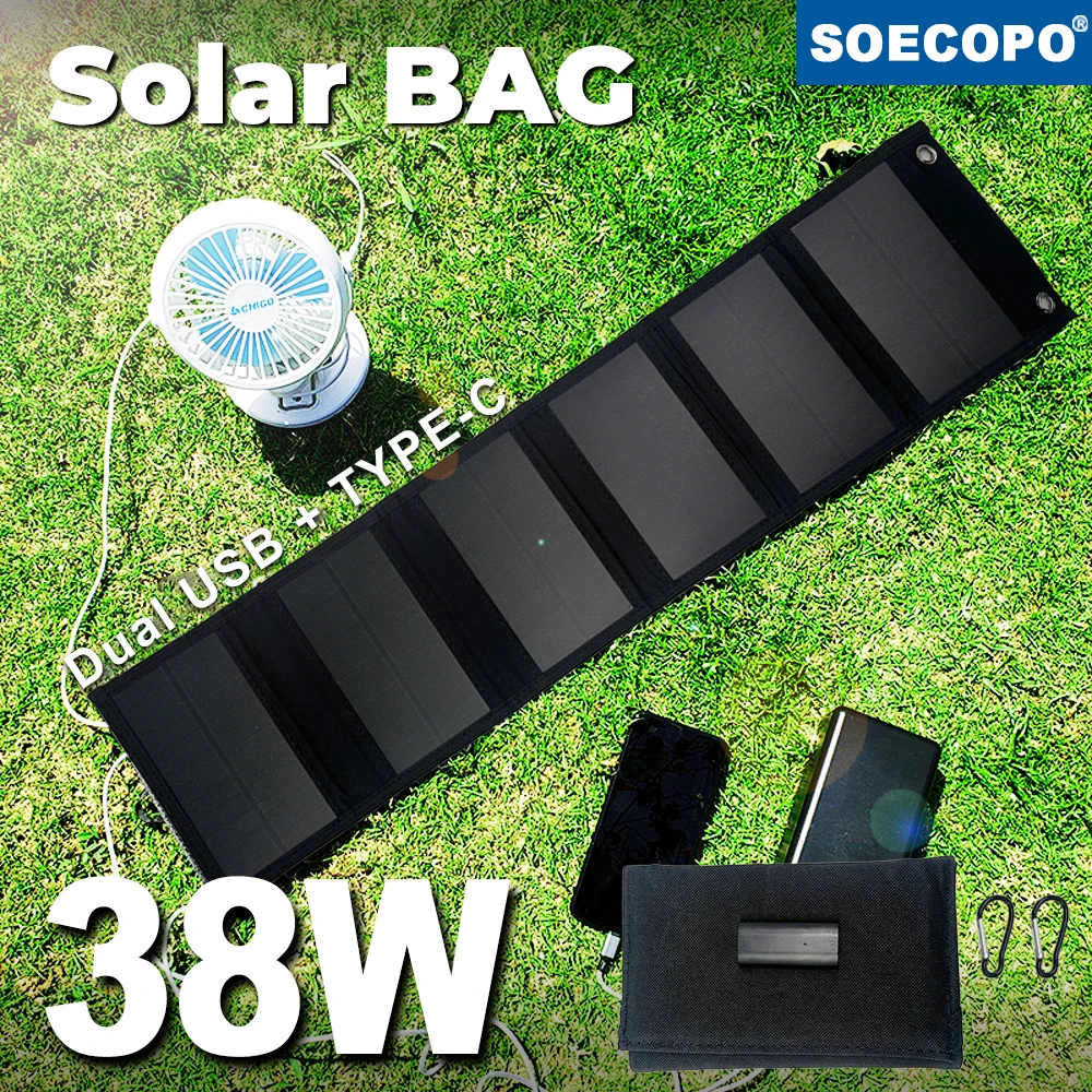 SOECOPO 38W Portable Solar Panel Bag Foldable Design USB + Type - C 5V/2.4A Ports Camping Power Bank Dual Interface Charge Phone