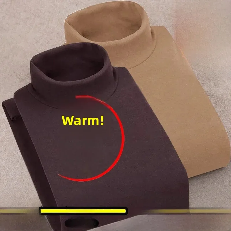 Warm Double-sided Fleece Long Sleeve T-shirt Men's Autumn Winter Half High Collar Fleece Lined Base Layer Shirt for Youth