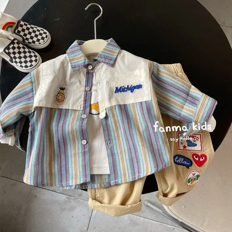 Toddler Boys Spring  Autumn Striped Shirt New Children's Fake Two Piece PATCHWORK Top Baby Summer Shirt Children's Clothing