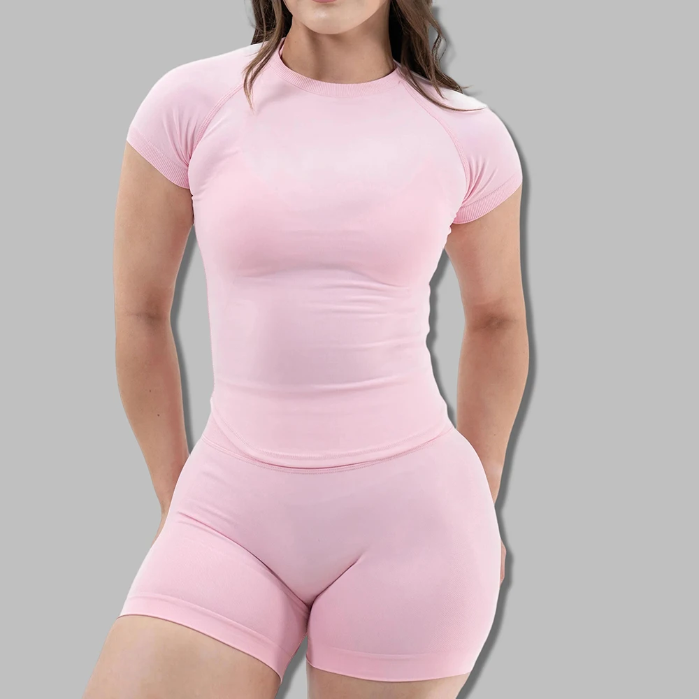 2 Pieces Sports Set Women Short Sleeve Shirt Seamless Top Scrunch Bum Shorts yoga Outfit Activewear Sportswear Gym Fitness Sets