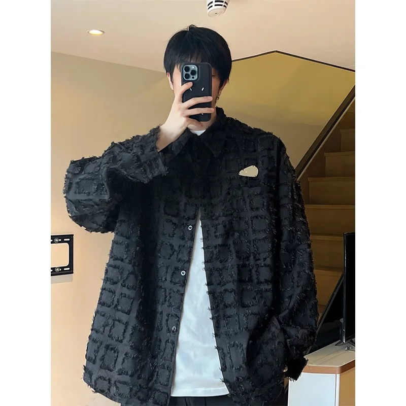 

Young Men's Autumn Fashion Outerwear Hip Hop Street Style Fringed Plaid Shirt Restrained System Loose Fit Long Sleeve Jacket