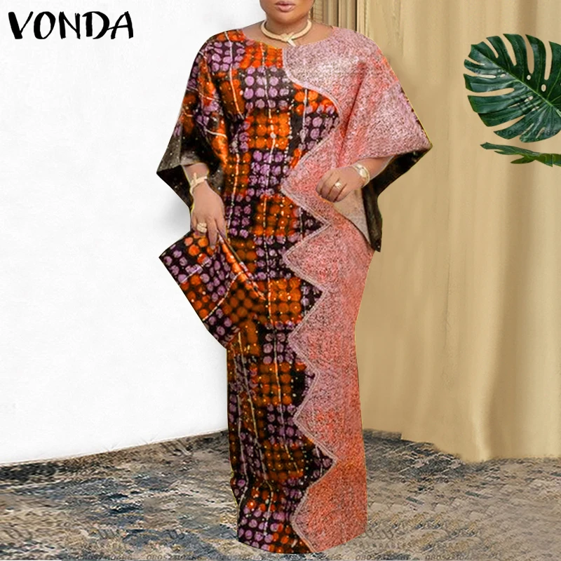 VONDA Women Bohemian Maxi Long Dress 2026 Vintage 3/4 Sleeve Printing Patchwork Sundress Loose Beach Robe BatSleeve Vestidos