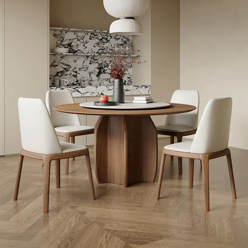 French retro style solid wood travertine rock slab round dining table and chair combination household ash wood walnut round dini