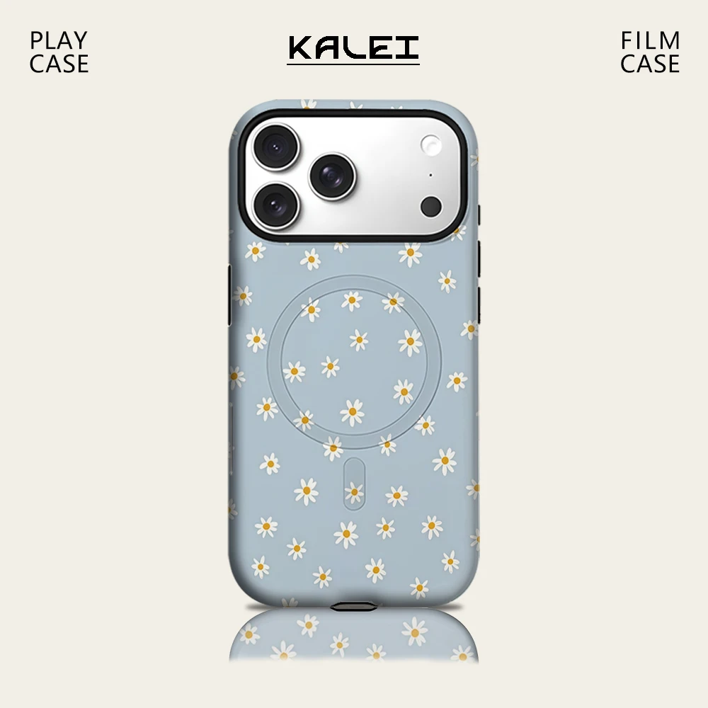 Hellblaue Hintergrund-Gänseblümchen-Handyhülle für iPhone 17, 16, 15, 14, 13, Pro Max Plus für magnetische, einzelne, doppelschichtige, robuste Hülle