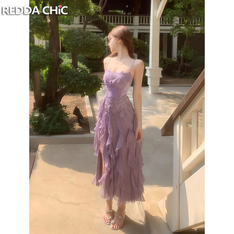 REDDACHiC Abito lungo fluido da donna con spacco in pizzo con giuntura elastica sul retro Abito da festa con volant irregolare Abiti estivi formali da ballo