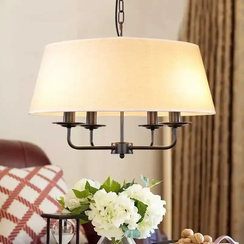 Wedding Decor American Vintage Lamp E14 Led Bulb Chandeliers For Living Room Home Lighting Copper Iron  Fabric Lampshade