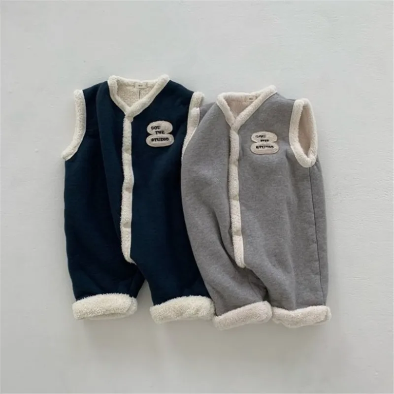 2024 Winter New Baby Sleeveless Warm Romper Boy Girl Newborn Plus Velvet Thick Jumpsuit Toddler Winter Warm Fleece Clothes