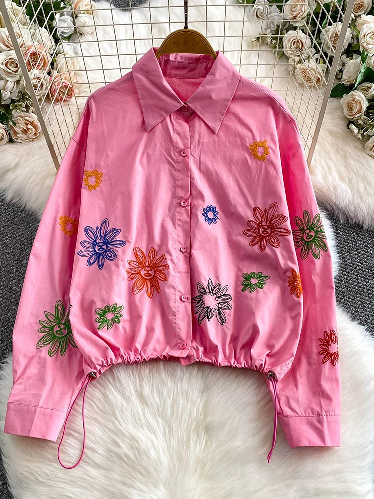 

Женская осенняя рубашка, французская шикарная рубашка с отложным воротником и лацканами с цветочной вышивкой, полосатая свободная стильная повседневная блузка, женский топ BL238