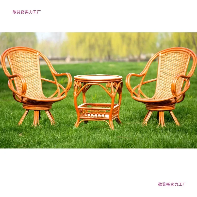 Balcony Teng Table Chair Teng Wood Chair Three-piece Set Backrest True Rattan Single Rotating Household Rotating