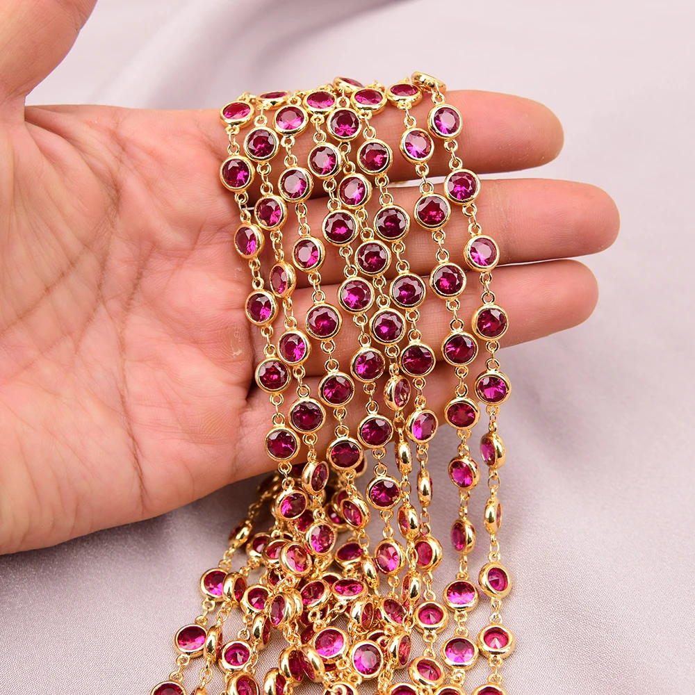 APDGG 1 Meter 8mm Rose Red Color Cz Zircon Gold Plated Neck Chain DIY Jewelry making accessories