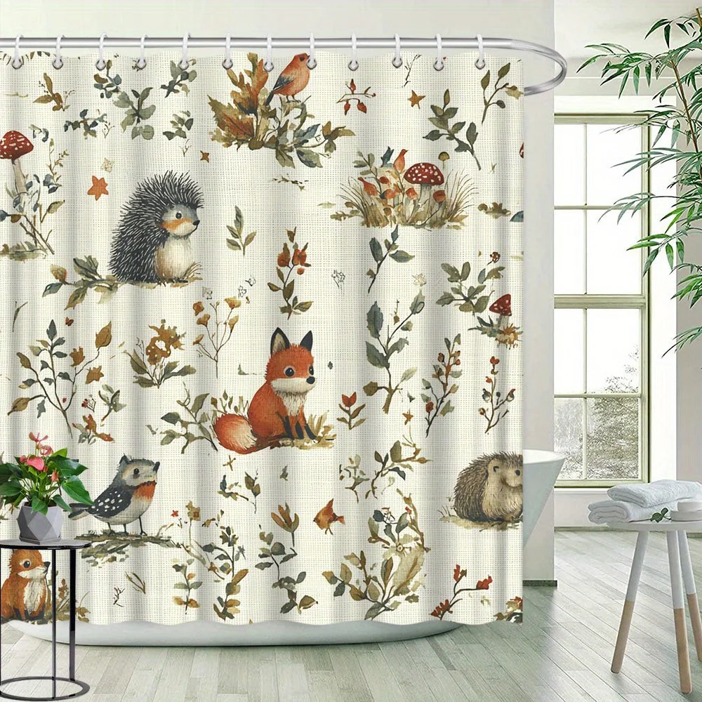 1pc Forest Animal Pattern Shower Curtain Cute Fox Hedgehog Bird Natural Plant Watercolor Style Bathroom Decor Polyester Fabric