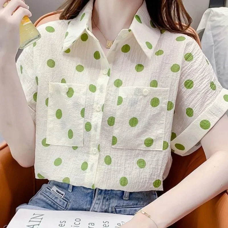 Korean Fashion Summer Women's Collar Polka Dot Pockets Simplicity Versatile Single Breasted Short Sleeve Chiffon Shirt Tops