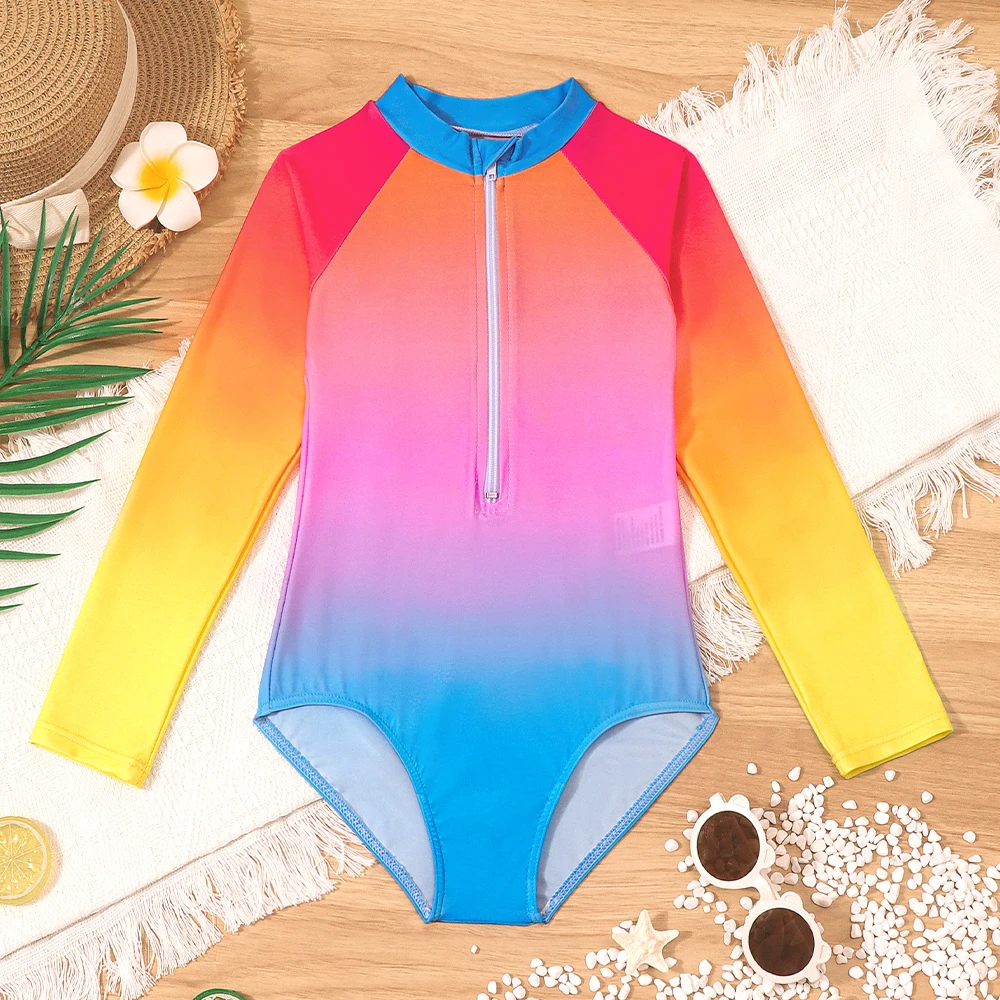 Girls Swimsuit Long Sleeve  Zipper Rash Guard Bathing Suit Kids Gradient Colors Swimming Shirt  Summer Beach Wear