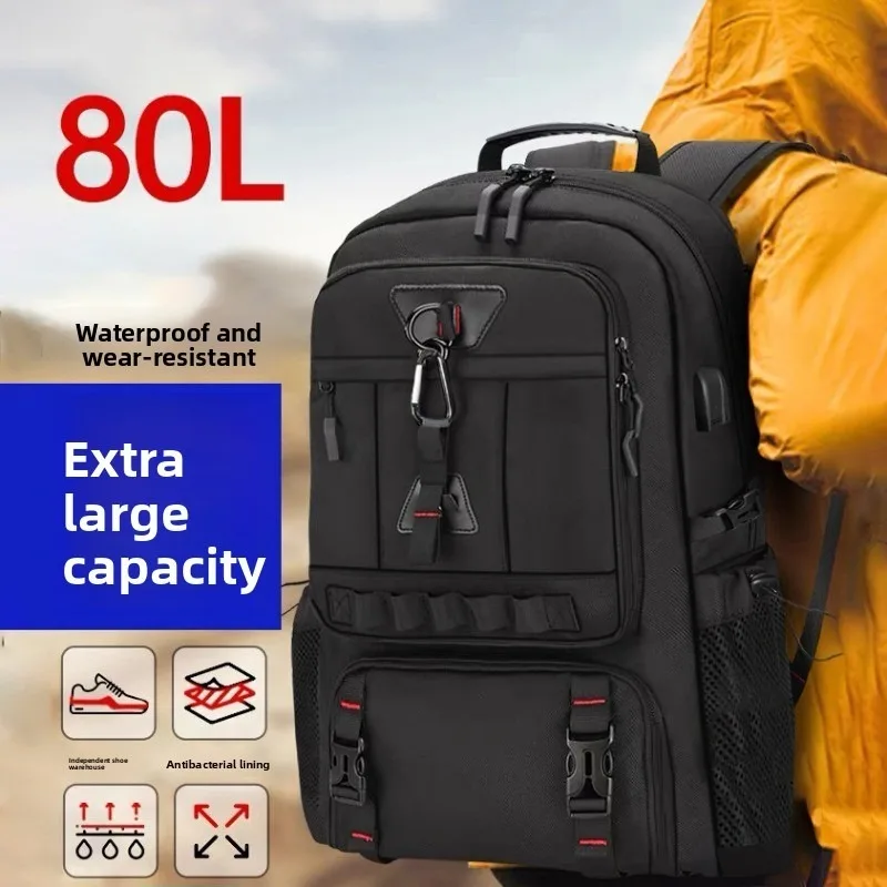 Men 80L Large Capacity Backpack Waterproof Outdoor Hiking Camping Rucksack Multi‑Pocket Travel Bag With Independent Shoe Storage