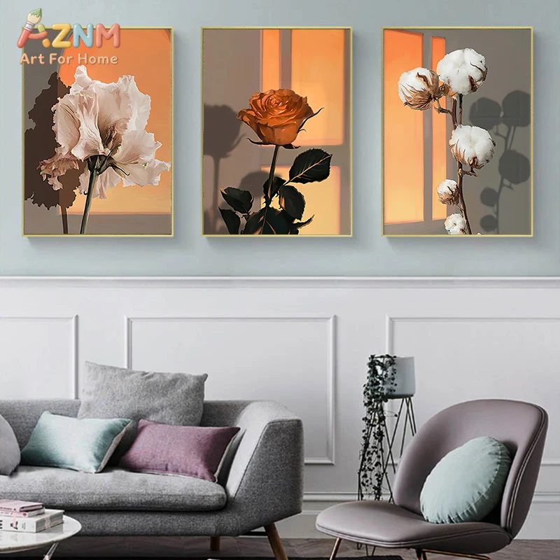 3PCS Neutral Orange Brown Floral Canvas Wall Art Prints Set, Modern Minimalist Rose and Cotton Artwork Posters, No Frame Warm Ae