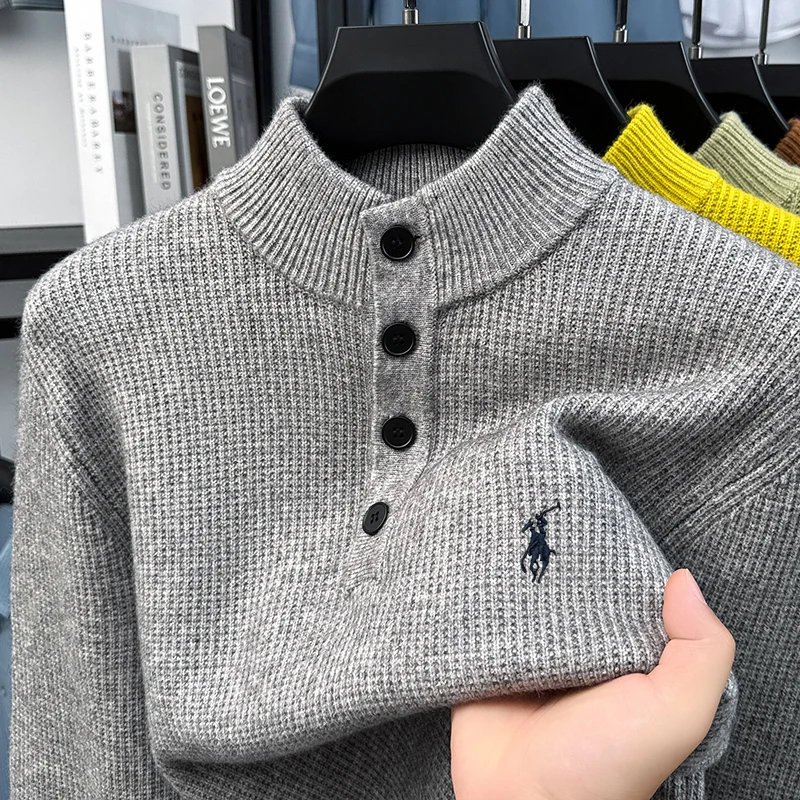 Long Sleeved Sweater Men's Autumn and Winter New Style Semi High Collar Button Down Casual Knitted Base Sweater Men's Trend