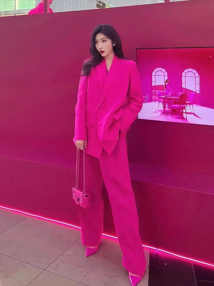 Elegant Pink Suit Jacket Women's Commute Workwear Set High-End Feel Professional Style Long Sleeve Single Button Closure