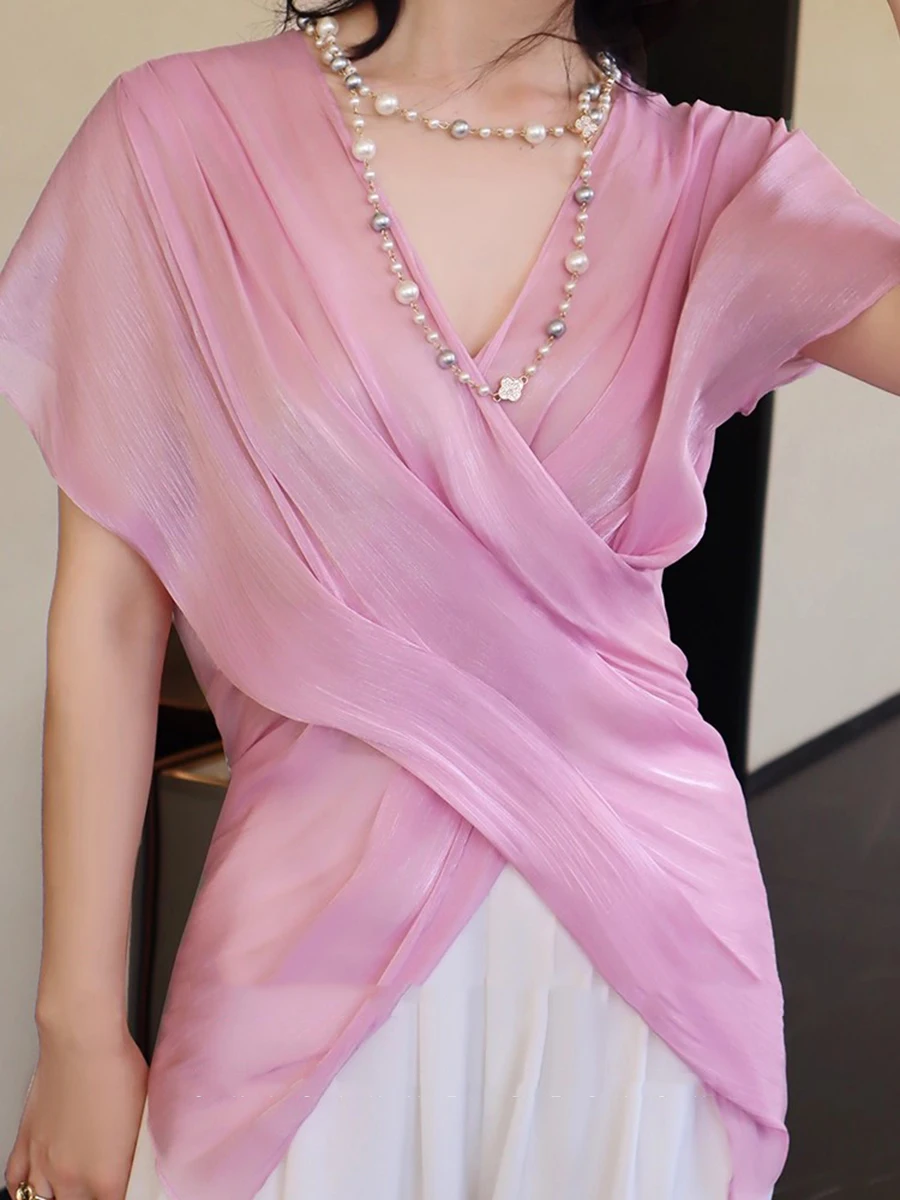 TWOTWINSTYLE Slimming Sheer Spliced Folds Elegant Blouses for Women V Neck Sleeveless Tunic Fashion Blouse Female Clothing New