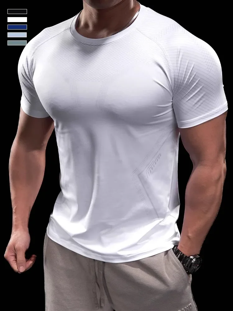 

2024 Summer Men Running Sports Gym Fitness Tops Training Comfortable Slim Short-sleeved Ice Silk Elastic Quick Dry T-shirt