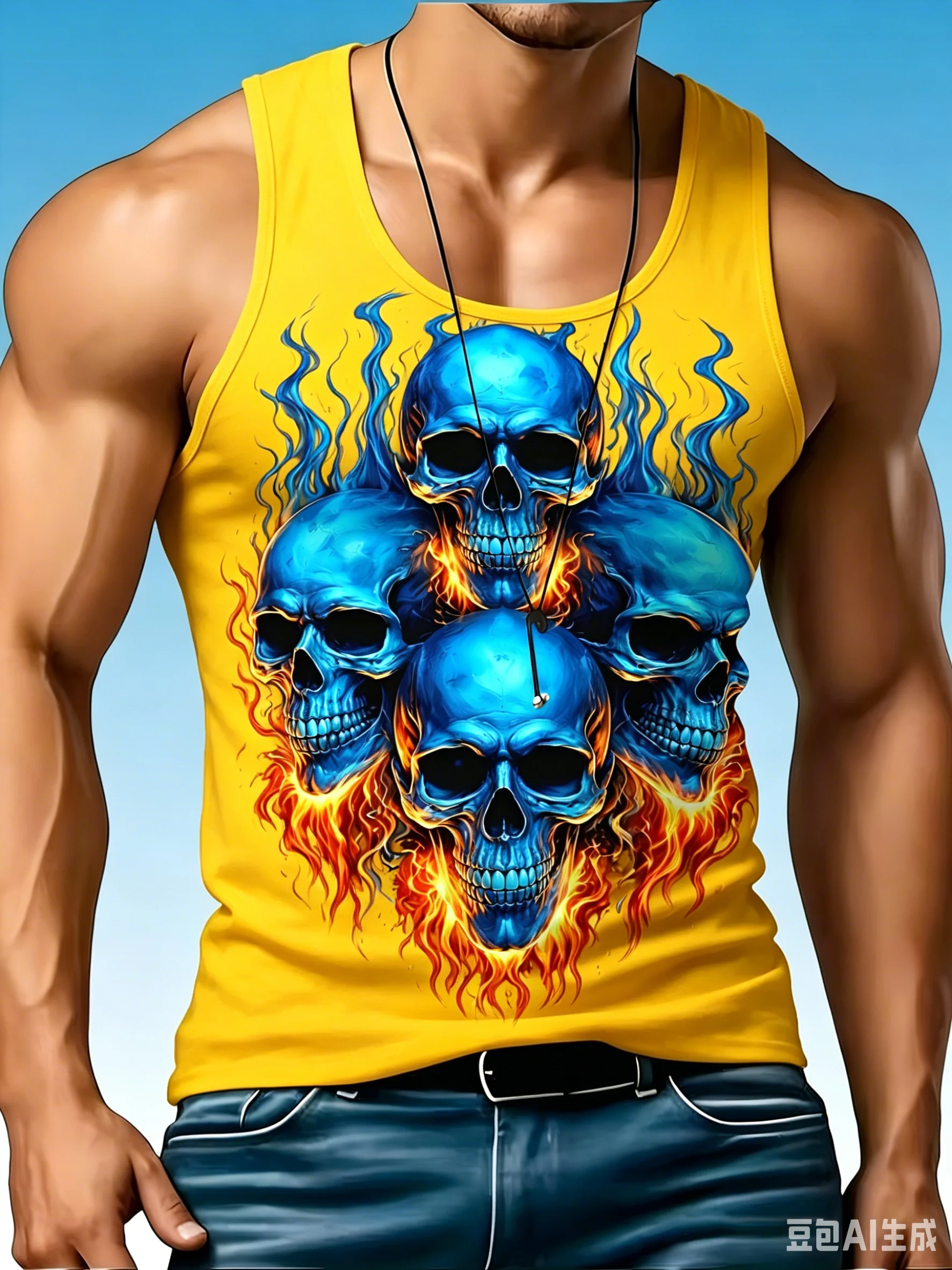 Men's Solid Fashion Tank Top, Cool Blue Flame Skull Graphic Sleeveless Vest, Casual Streetwear Muscle Tee for Summer Daily Wear