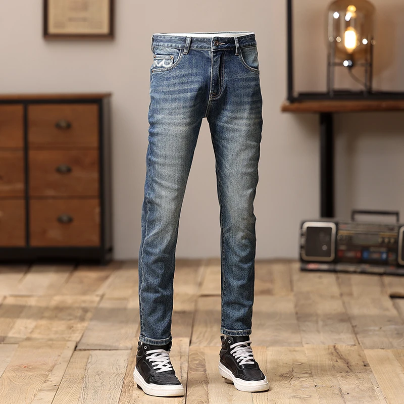 Italian designer fashionable men's jeans washed and washed blue elastic slim fit retro patchwork embroidered jeans Y2K