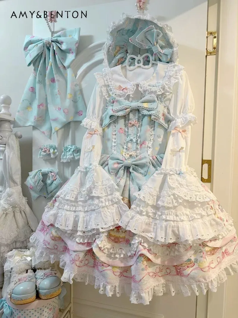 Lolita Style Kawaii Girl Puffy Dress Cute Heavy Craft Cartoon Print JSK Slim Fit Multi-layer Mini Dress Birthday Dress for Women