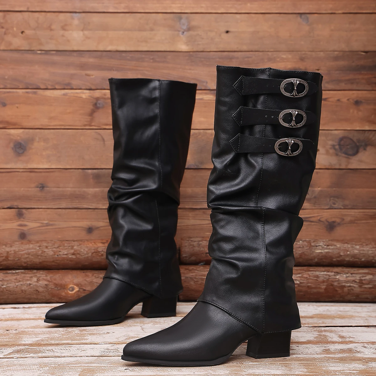 Split Leather Shoes for Women NEW Autumn Women Boots Pointed Toe Chunky Heel Shoes Punk Knee-high Boots Belt Buckle Riding Boots
