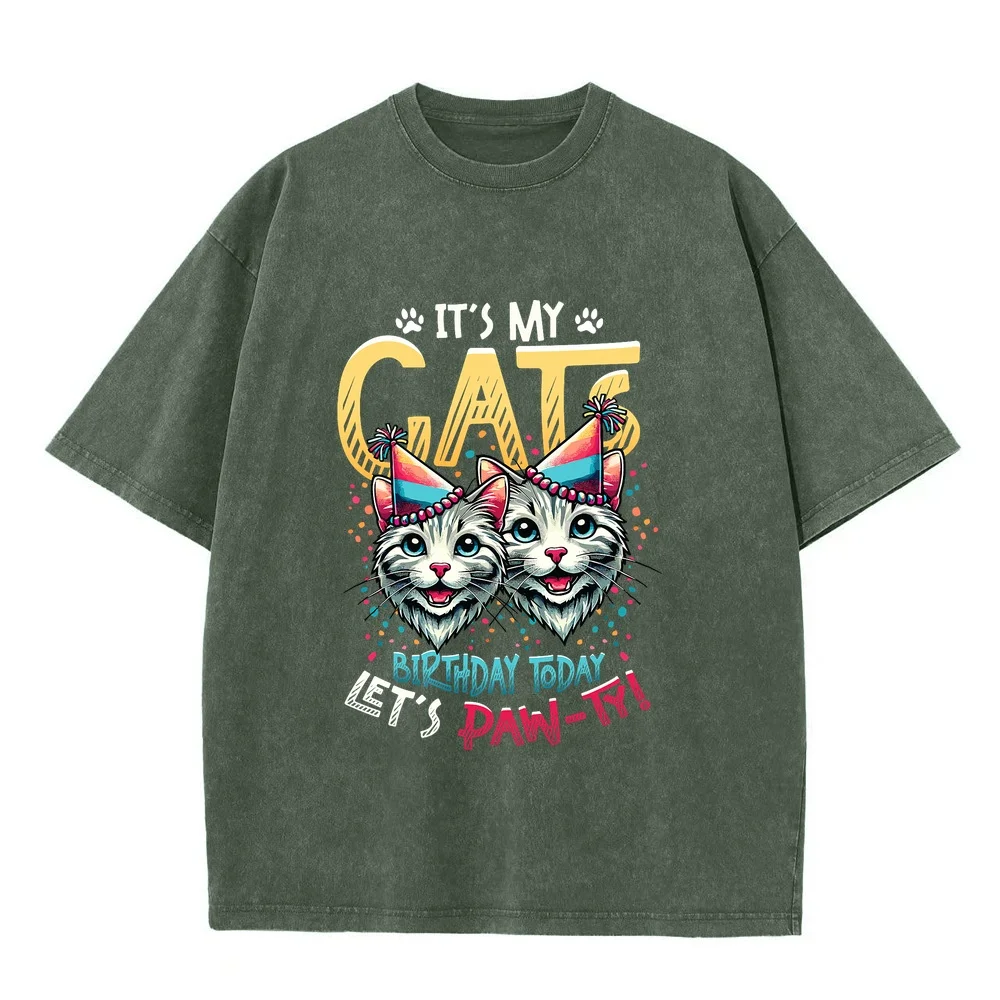 It's My Cats Birthday Today Let's Paw-Ty Printing Cotton Shirt Pet Owner Men Tshirt Adult Heavyweight T-Shirt 일본 Tシャツ Menswear