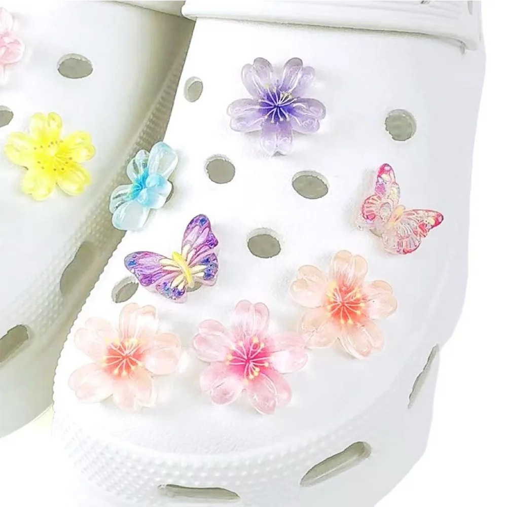 14PCS Shoe Charms Set Transparent Colored Butterfly Flower Shoe Decora Buckle for Sandals Clogs DIY Accessories Woman Party Gift