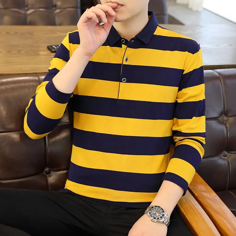 

Pure Cotton New Polo Shirt T-shirt Quick-drying Stand-up Collar Men's Elastic Stripes Spring Autumn Sports Outdoor Long Sleeves