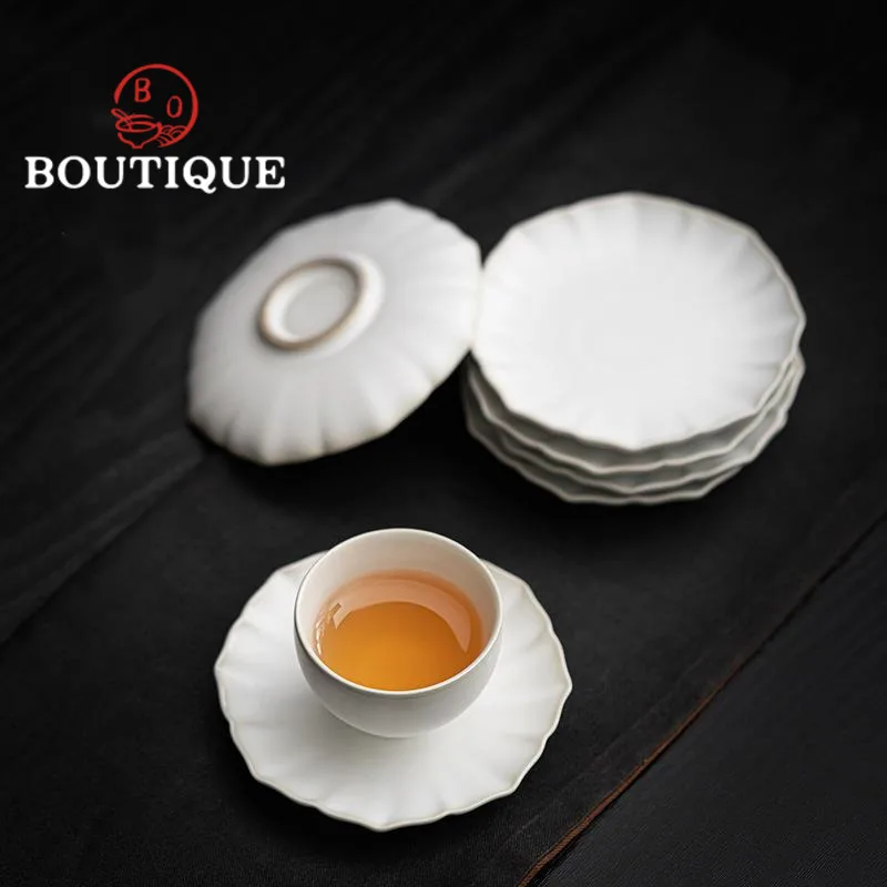 

2pc/set Retro Snowy White Ceramic Cup Holder Japanese Coarse Pottery Anti-scald Pad Mug Mat Tea Tray Kung Fu Teaset Accessories