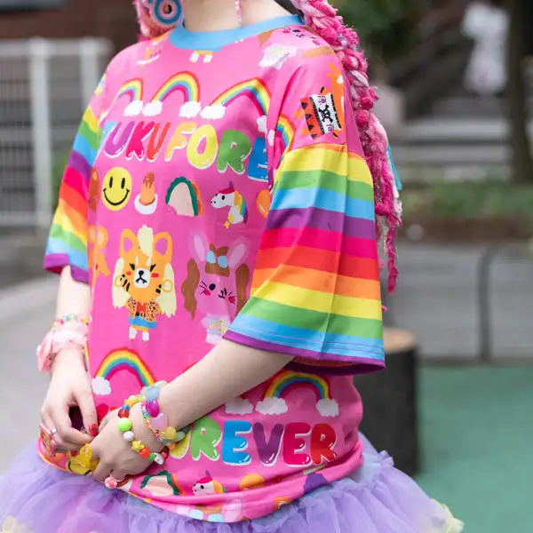 Summer Japanese-style Original Kawaii  Rainbow Harajuku T-shirt Kids/adult Subculture Y2k Cosplay Loose Plus-size Short Sleeves