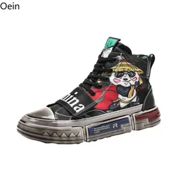 Mens Panda Chinese Lion Dance Printed Match Colors Sneakers Lace Up High Top Sport Flats Shoes Boys New 2023