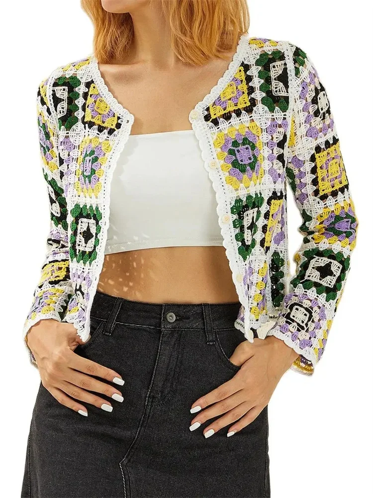 Women Flower Knit Tops Sweater Long Sleeve Button Down Shirts Bohemian Casual Outerwear Spring Fall Female Knitwear