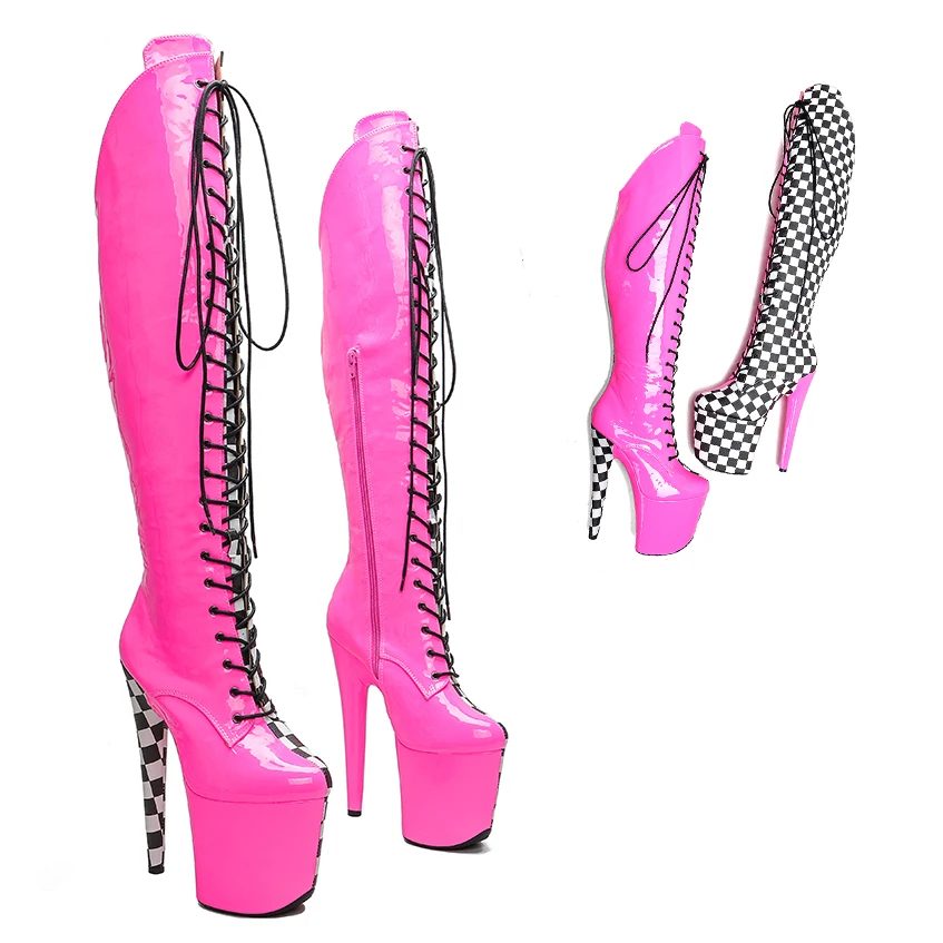 Leecabe 20CM/8inches New Fashion Style Patent with Grid Pattern PU Mix Color High Heel Platform Boots Pole Dance Boots