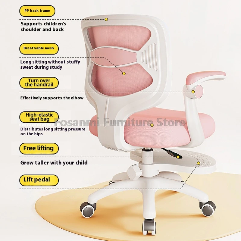 Ergonomic Mesh Chair with Footrest for Kids Adjustable Children Study Chair Home Writing Computer Chairs with Lockable Wheels