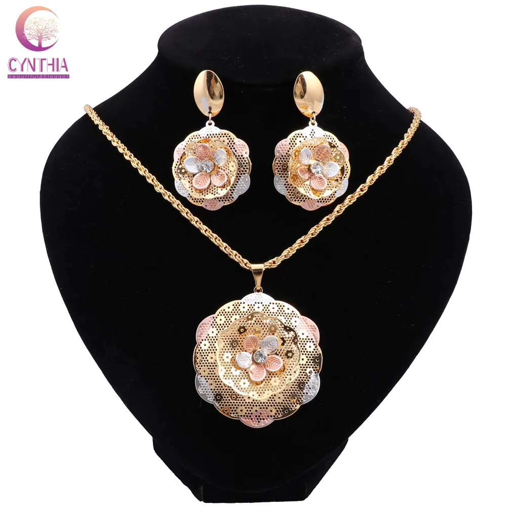 CYNTHIA Dubai Gold Plated Jewelry Set for Women High Quality Trend Flower Earrings Pendant African Necklace For Party Wedding